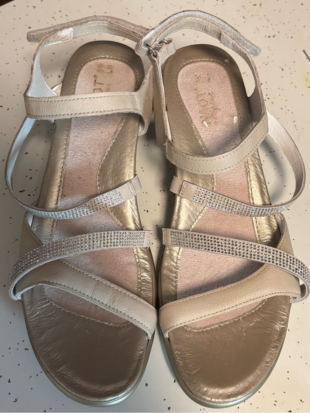 Naot 38 Women's Strappy Comfort Sandals in Light Beige with Rhinestone Accents